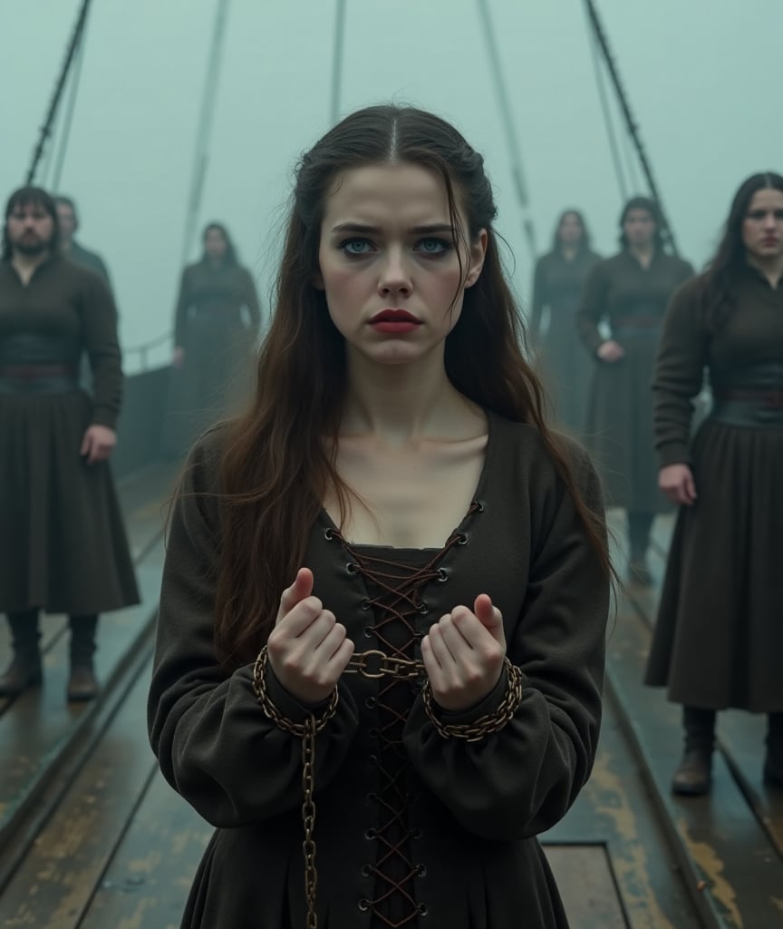 The image is a still from a period drama film set in a misty medieval setting. The central figure is a young woman with fair skin and long, dark brown hair that falls down her back. She has striking blue eyes and thick black eye makeup, giving her a dramatic and dark appearance. Her bright red lips contrast with her pale face. She is wearing a dark brown, medieval-style dress with long sleeves and a low neckline, fastened with brown laces down the center front. The fabric appears to be made of a rough, wool-like material, suggesting a harsh, exposed setting. Her clasped wrists are extended in front of her and are shackled with rusty metal shackles and chains, suggesting captivity or imprisonment. In the background, several blurry figures dressed in similar medieval attire stand on a wooden platform that appears to be part of a ship or dock. The misty, foggy atmosphere creates a sense of mystery and tension. The colors in the image are muted, with earth tones dominating, contributing to the historical and gritty atmosphere. The overall mood is dark and tense, with the central figure's expression conveying a mixture of fear, defiance, and determination.