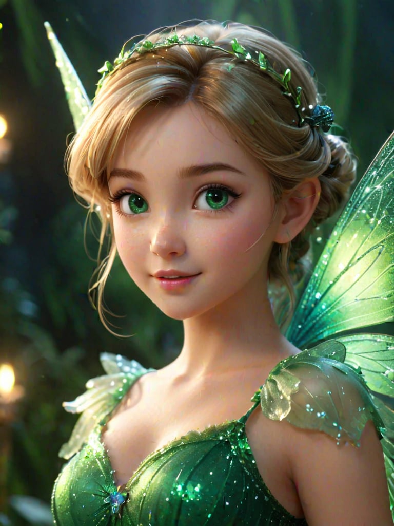 a close up of a fairy with a green dress and a fairy wings, cgi animation, disney splash art, very cute features, pixvy, blink, exquisite and handsome wings, beautiful lit, green glows, photo of a beautiful, fairylike