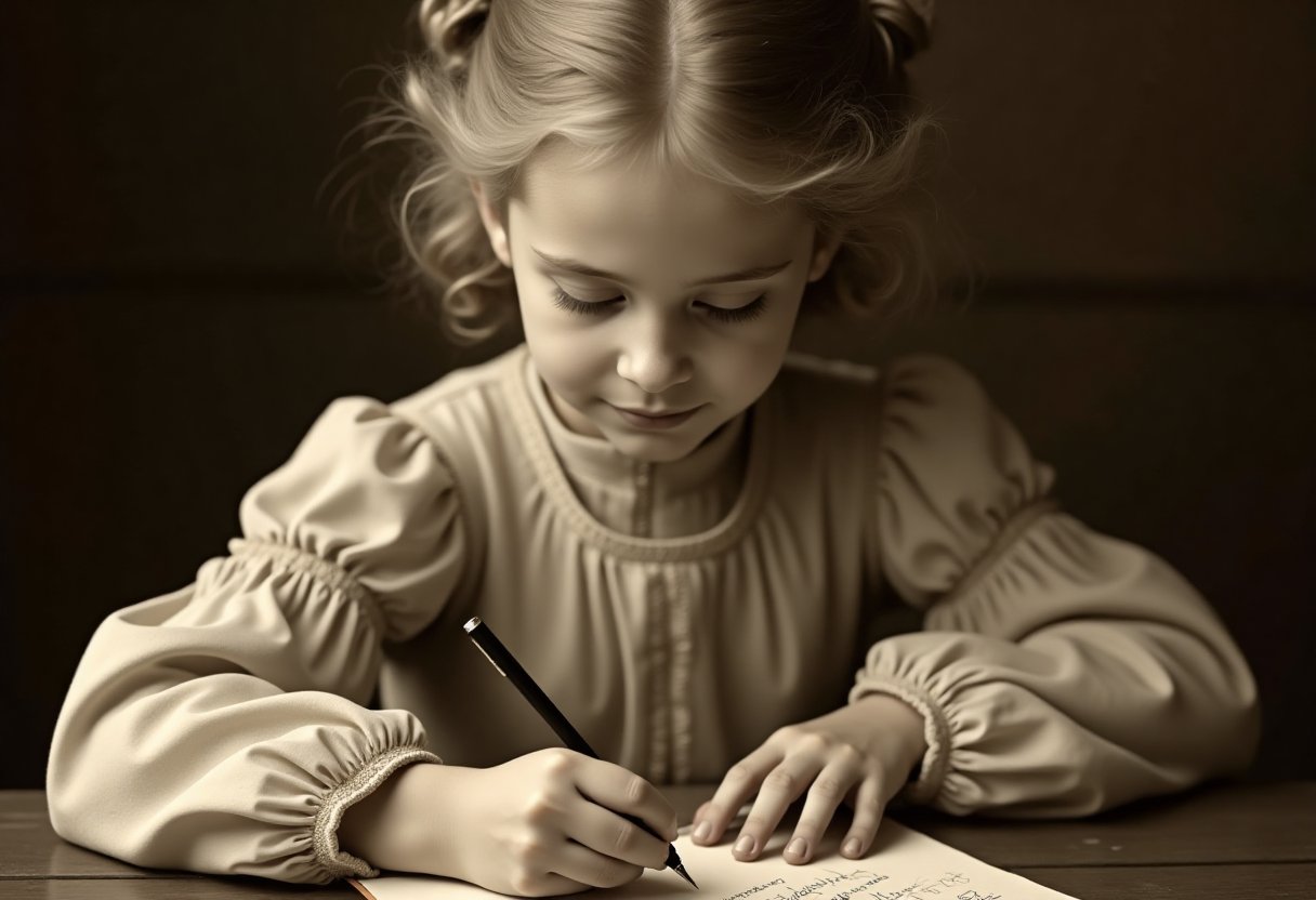 This is a sepia-toned photograph of a young girl with light skin and wavy, light-colored hair styled in an updo. She appears to be in her early teens, with delicate features and a serene expression. She is dressed in a vintage, high-necked dress with intricate lace detailing around the collar and sleeves, which adds a sense of elegance and sophistication. The dress has long, puffed sleeves that fall gently over her hands, which are positioned over a sheet of paper or parchment, where she is actively writing with a pen. The texture of the lace and fabric is finely detailed, giving a realistic feel to the photograph.

The background is blurred, focusing attention on the girl and her activity. The overall color palette is muted, with a warm sepia tone that emphasizes the historical and nostalgic atmosphere of the image. The lighting is soft, casting gentle shadows that accentuate the contours of her face and hands, contributing to the intimate and reflective mood of the photograph. The image captures a moment of quiet concentration and artistic expression, evoking a sense of timelessness and connection to the past.