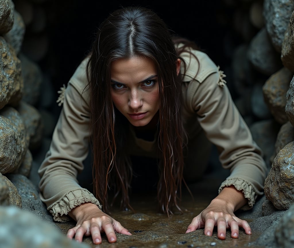 This is a photograph of a woman crawling through a wide rocky tunnel. The woman, who appears to be in her 20s or 30s, has long, wet, dark brown hair that falls in a straight stream over her face and shoulders, suggesting that she has been crawling for some time. Her expression is menacing and focused, with dark, serious eyes looking directly at the camera. Her face is almost hidden by the straight, wet hair falling over her face, and she is wearing a rag with long, tattered sleeves that appears to be made of some rough, flimsy material, perhaps canvas or linen, that is torn and dirty, adding to the rough, survivor-like quality of the scene. Her arms are spread wide, her elbows raised above her shoulders, raw, her palms pressed into the rocky bottom, tense. The shirt is torn and soaked, suggesting that she has been crawling in wet conditions. The stone walls of the tunnel are rough and uneven, with grey and brown stones, some of which are covered in moss or lichen, suggesting a natural, possibly cave-like environment. The lighting is dim, with shadows enhancing the gritty, intense atmosphere of the scene. The photograph captures a moment of extreme physical tension and determination: the woman’s body is contorted and tense as she pushes forward through the narrow passage.