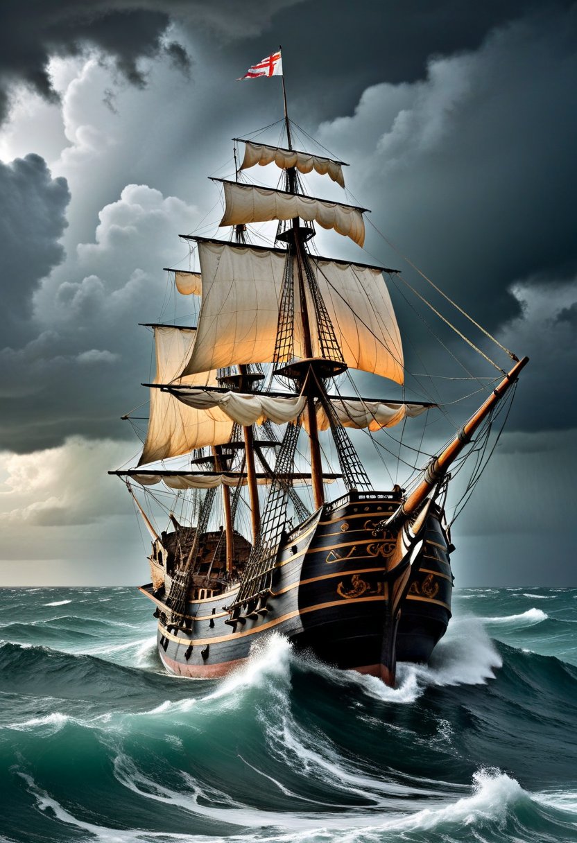 Amidst a stormy sea, an ancient galleon weathers the tempest's fury, its sails tattered and torn, Within the ship's cabin, a solitary figure cradles a cherubic infant, their eyes brimming with profound sadness yet finding solace in the tender embrace, The storm outside rages on, but inside, the mother and child share an unspoken bond of love and tranquility amidst the chaos,