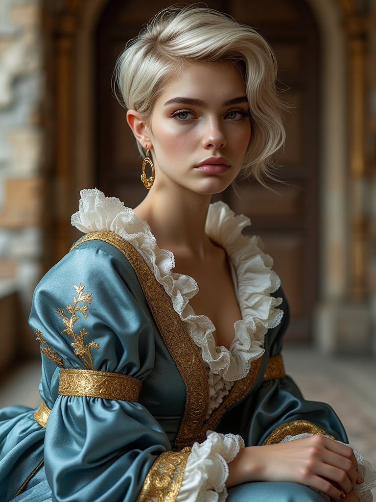 Close-up of photorealistic non-binary person in blue and gold Renaissance dress with ruffles and lace, short blonde hair (pixie), posing in castle hallway.