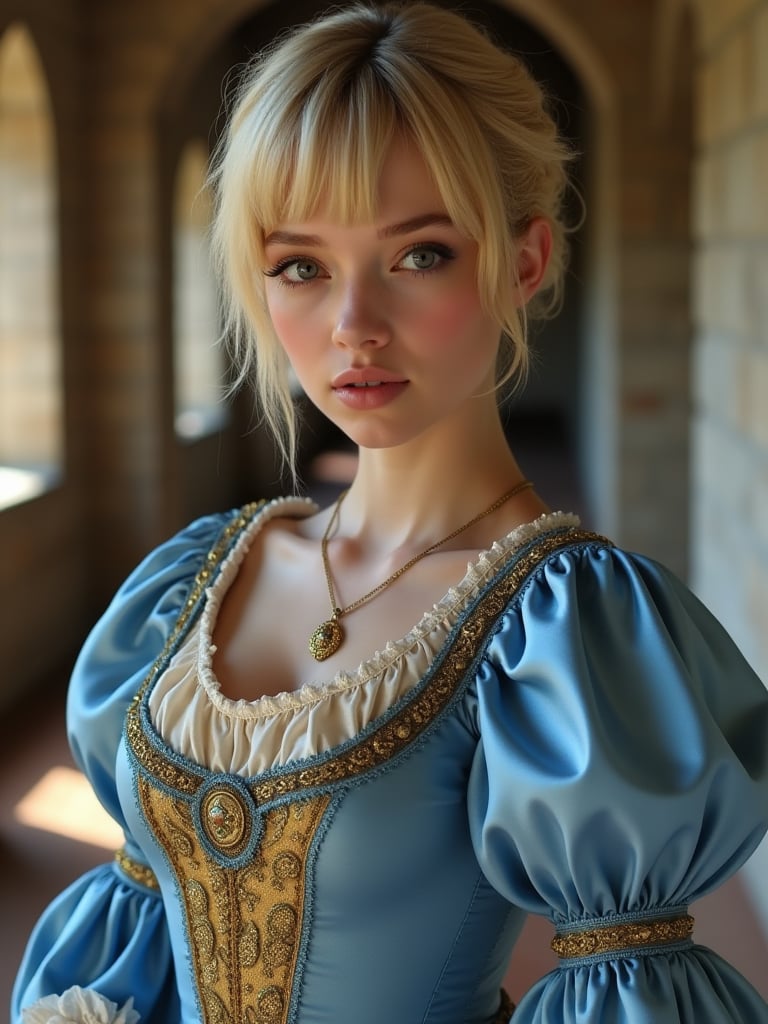 Close-up of a photorealistic non-binary person wearing a blue and gold Renaissance dress with ruffles and lace, with short blonde hair, posing in a castle hallway.