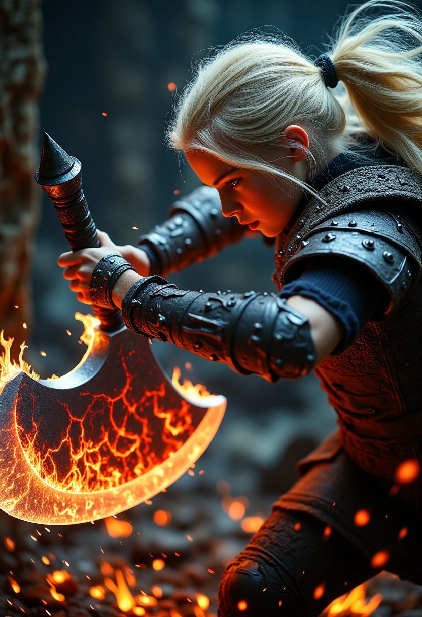 In a dramatic close-up shot, a blonde girl warrior's hands grasp a colossal battle axe, its foreboding blade aglow with fiery red runes and surrounded by whirling embers and flames. The spiked handle and hell-forged metal seem to radiate dark energy. As the girl warrior swings the axe with calculated ferocity, the camera captures the intense motion, highlighting the sword weight and force as it slices through the air.