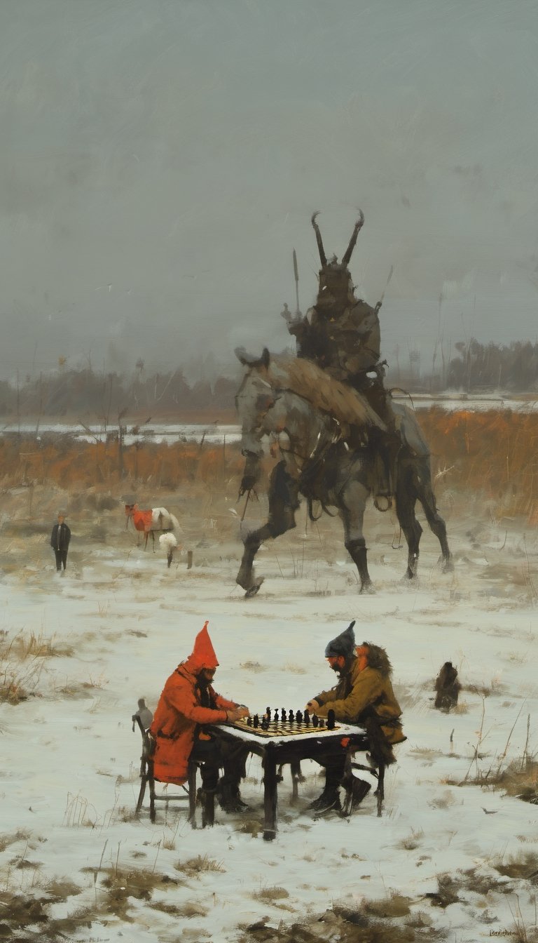 painting by jakub rozalski, 2 men, playing chess ,painting by jakub rozalski