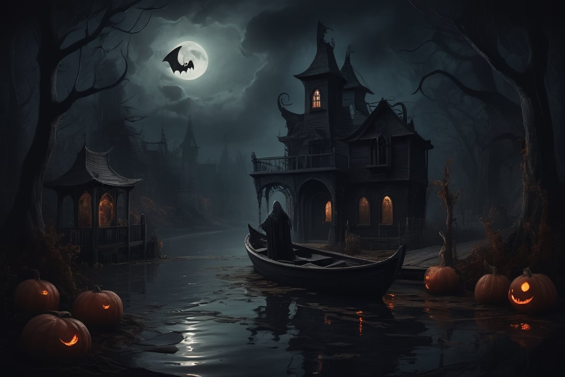 Capture the eerie allure of a dark and mysterious night on the water, Satan, cloaked in shadow, casting a line into a moonlit pond, stardust ((illuminated ferries glide silently beneath)), inky blackness, masterpiece, Leonardo style ,HellAI,fire,halloween