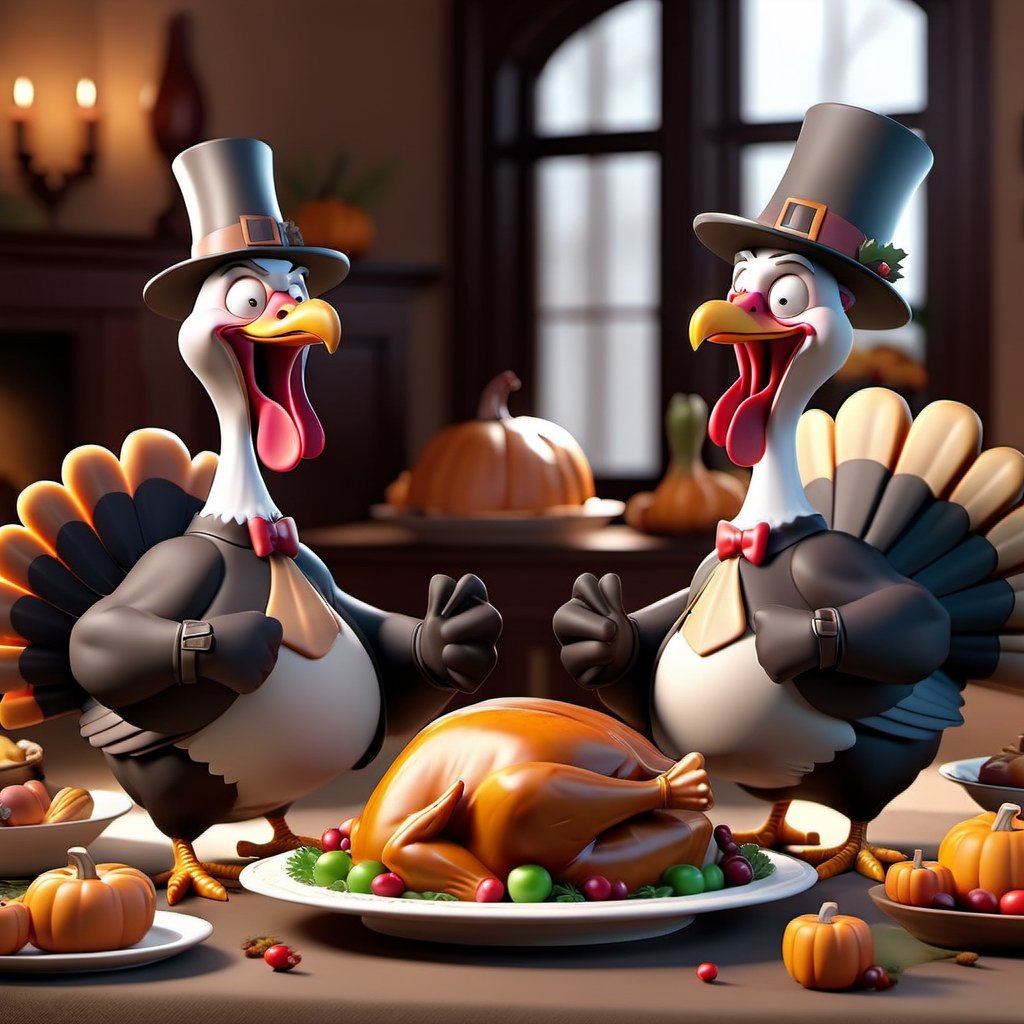 3D cinematic film.(caricature:0.2). 4k, highly detailed, 2 turkeys eating thanksgiving, festive living room