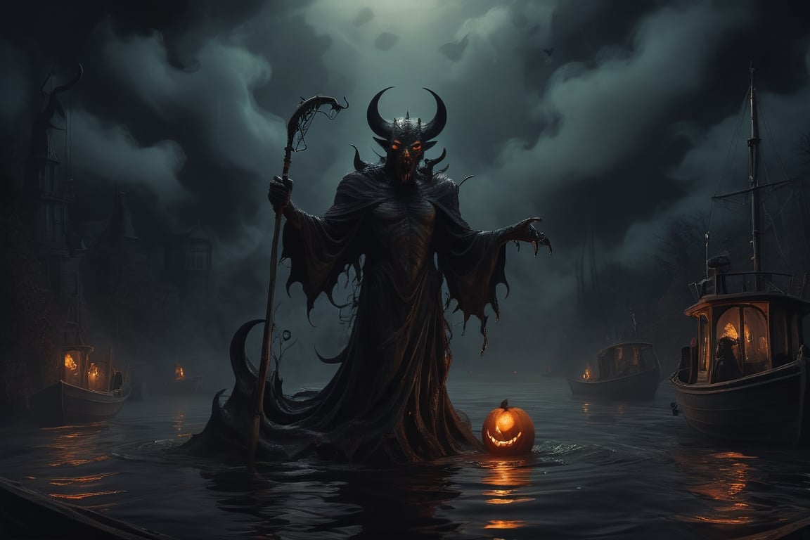 Capture the eerie allure of a dark and mysterious night on the water, horned Satan, cloaked in shadow, ((fishing for illuminated ferries gliding silently underwater)), inky blackness, masterpiece, Leonardo style ,HellAI,fire,halloween