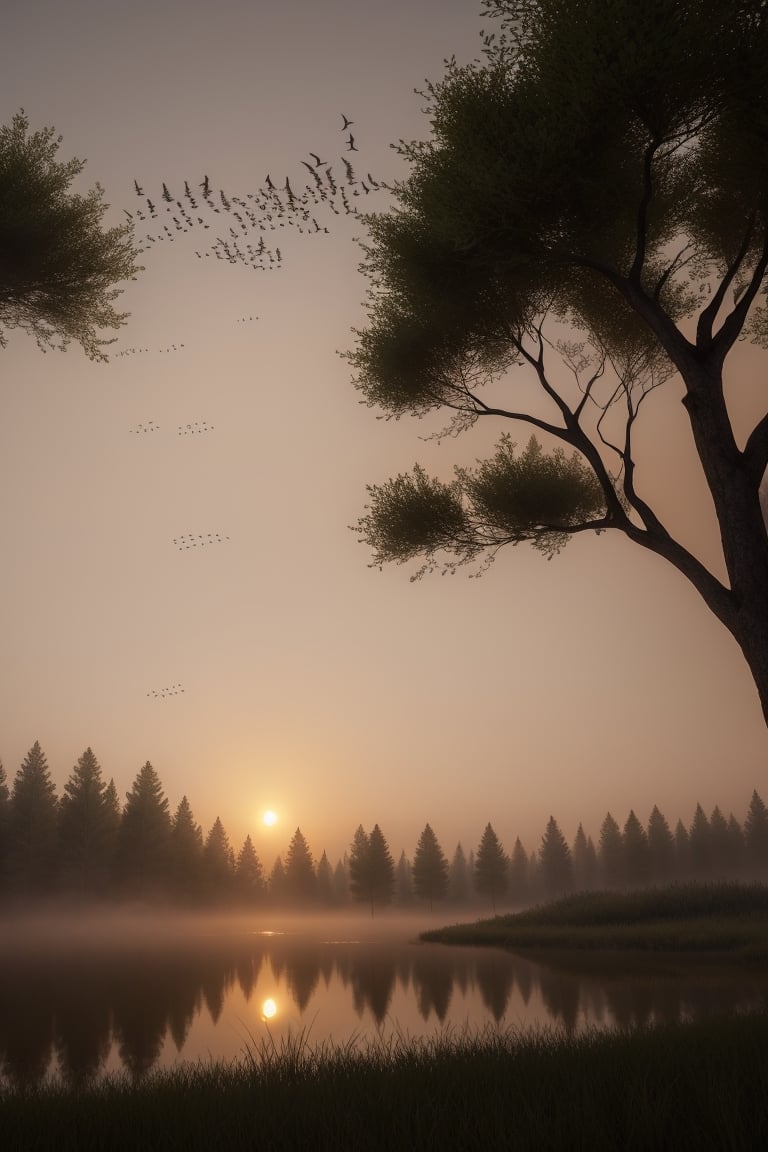 Wild foggy forest, sunset, with fex birds over lake. Ultra realistic r-- 3:4,photorealistic