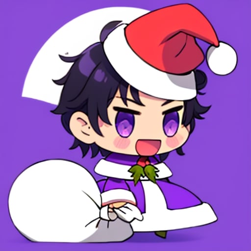 padoru meme, 1 boy, purple background, short hair, short black hair, messy hair, bright purple eyes, santa hat, :d, > <, holding sack,holding sack