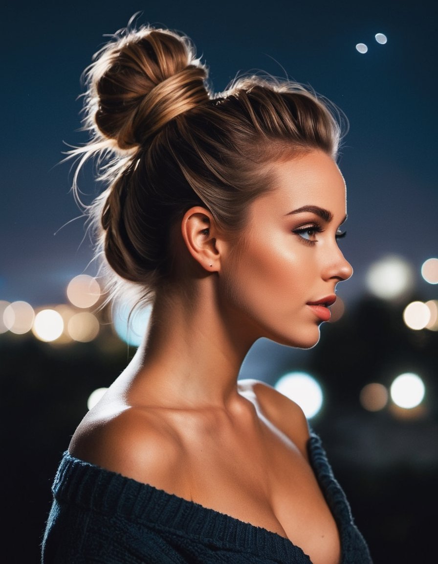 photo of a gorgeous girl, messy bun hair, nighttime, sexy
