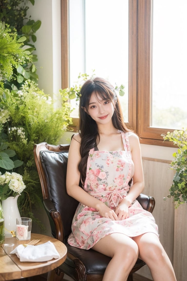 1girl, solo, long hair, black hair, sitting, indoors, apron, chair, floral print, table, plant, hand fan, smile, beautiful hands, beautiful fingers