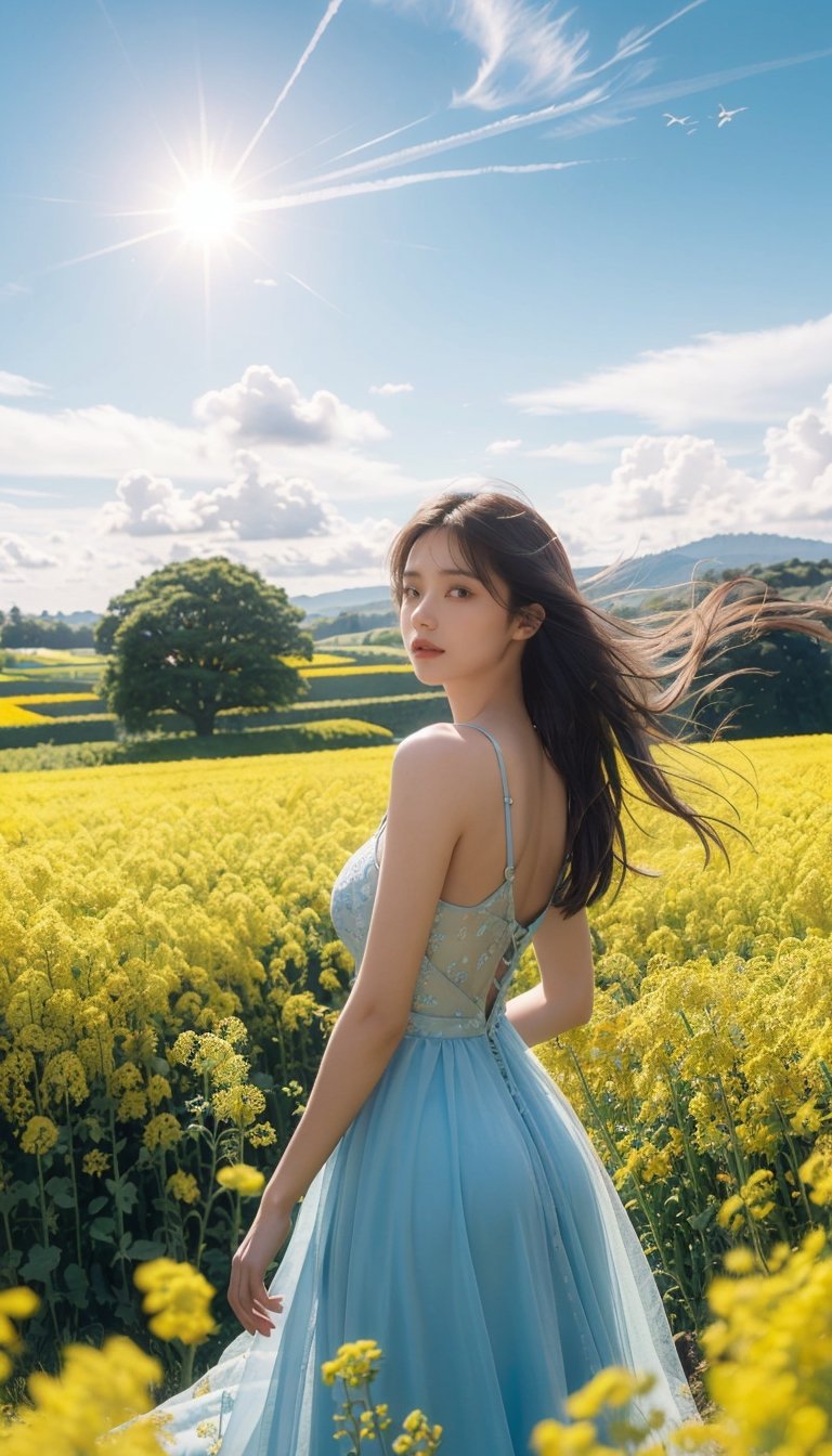 A girl, medium breast, cleagave,  wearing a peacock blue dress standing in the golden rapeseed flower field, her hair gently swaying in the breeze, bathed in sunlight, making her look like a fairy. Behind her is an endless sea of rapeseed flowers, with blue skies, white clouds, and rolling hills in the distance. High-definition photo of a girl in a peacock-blue dress standing in a rapeseed flower field, with long hair fluttering in the wind, bathed in golden sunlight, looking like a fairy, with a vast sea of rapeseed flowers, blue sky, white clouds, and rolling hills in the background. Sharp focus, high-quality picture, dramatic, photorealistic painting art by midjourney and greg rutkowski., Light master