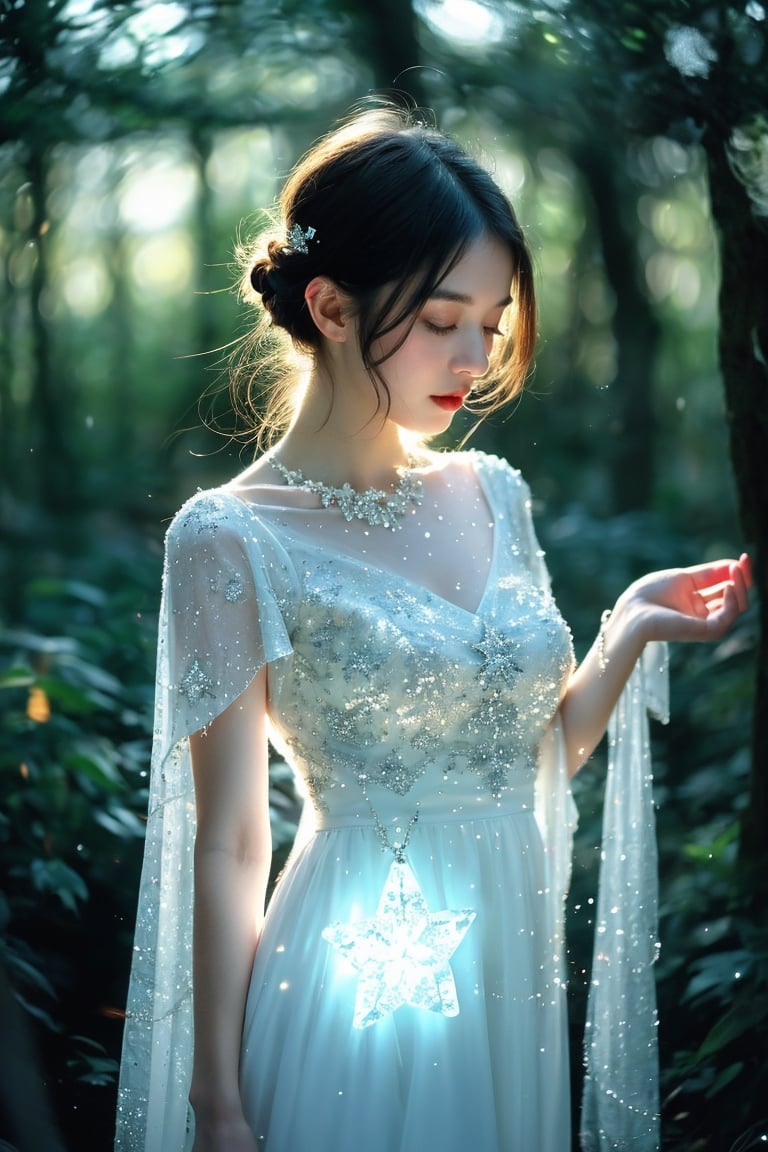 lovely white dress,  in the woods, glowing ice star, magical, fantasy, dreamy, . shallow depth of field, vignette, highly detailed, high budget, bokeh, cinemascope, moody, epic, gorgeous, film grain, grainy, cinematic film, alive,