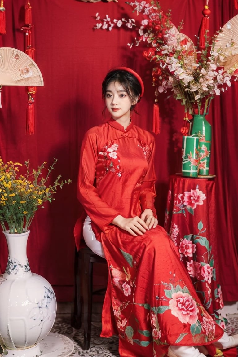 1girl, solo, short hair, black hair, sitting, indoors, chair, floral print, table, plant, hand fan, red aodai,aodaicuoi