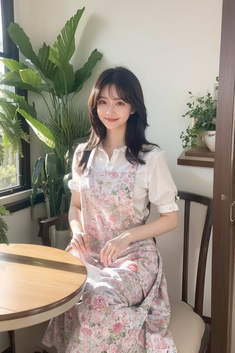 1girl, solo, long hair, black hair, sitting, indoors, apron, chair, floral print, table, plant, hand fan, smile, beautiful hands, beautiful fingers