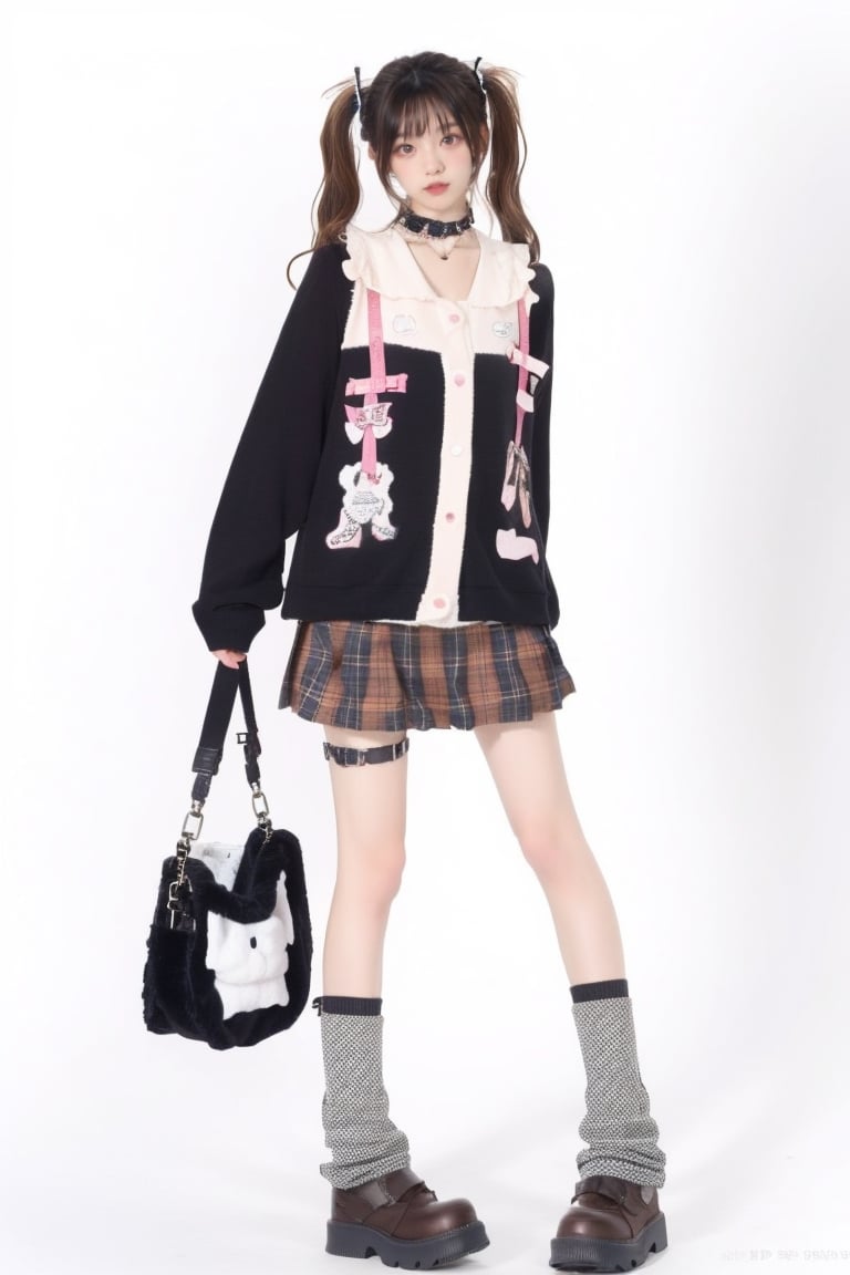 1girl, solo, skirt, simple background, brown hair, white background, twintails, full body, socks, striped, bag, collar, plaid, plaid skirt, loose socks, leg warmers, gothic, fashion