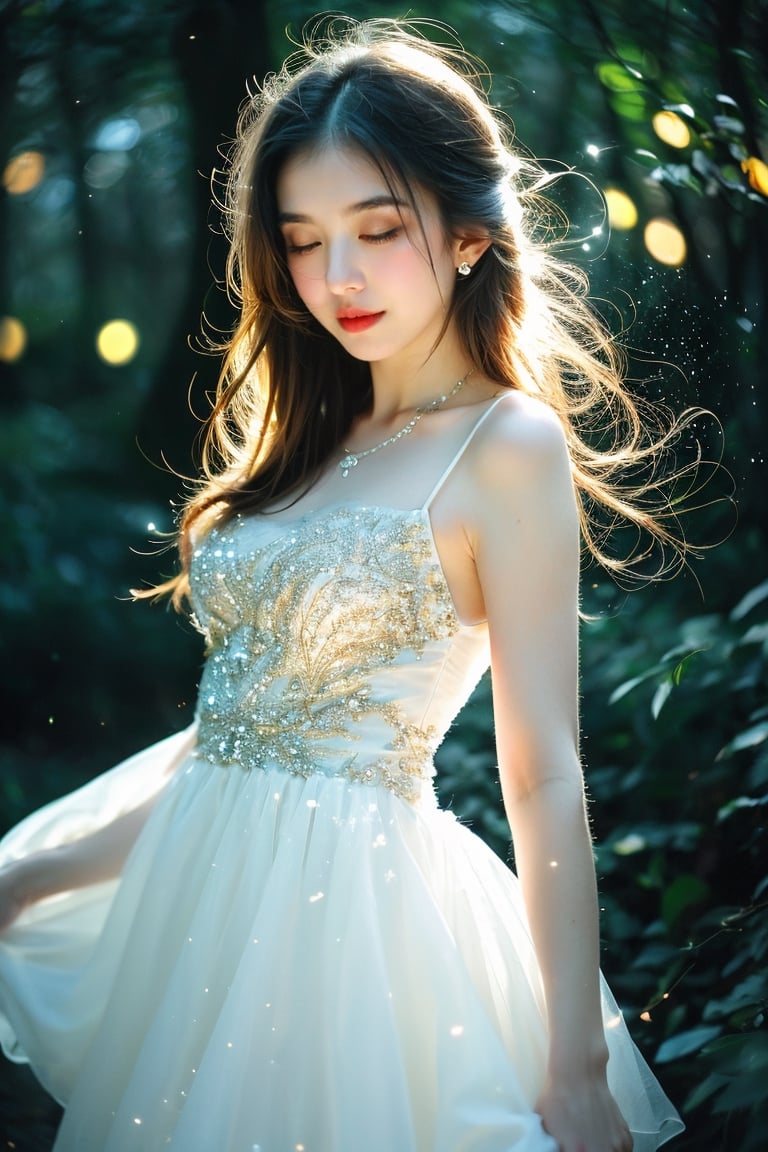 lovely white dress,  in the woods, glowing ice star, magical, fantasy, dreamy, . shallow depth of field, vignette, highly detailed, high budget, bokeh, cinemascope, moody, epic, gorgeous, film grain, grainy, cinematic film, alive,