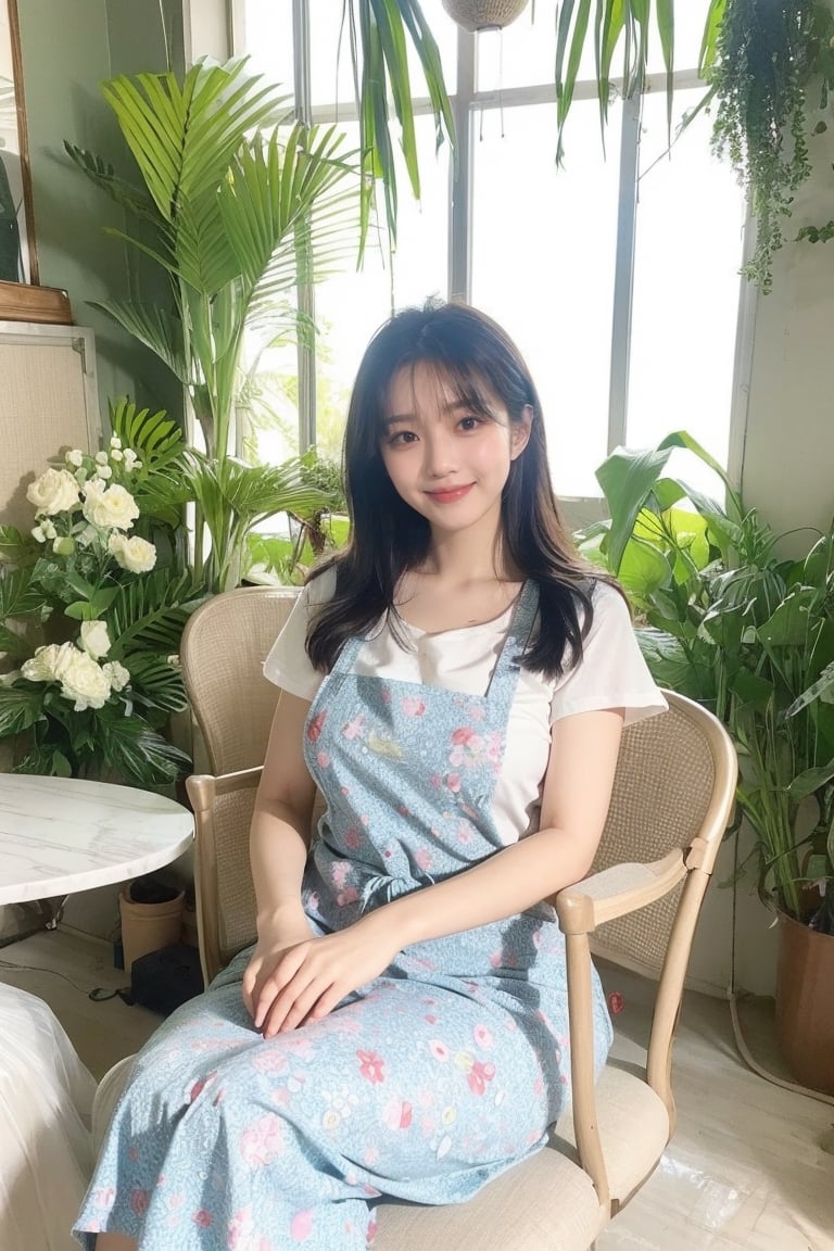 1girl, solo, long hair, black hair, sitting, indoors, apron, chair, floral print, table, plant, hand fan, smile, beautiful hands, beautiful fingers