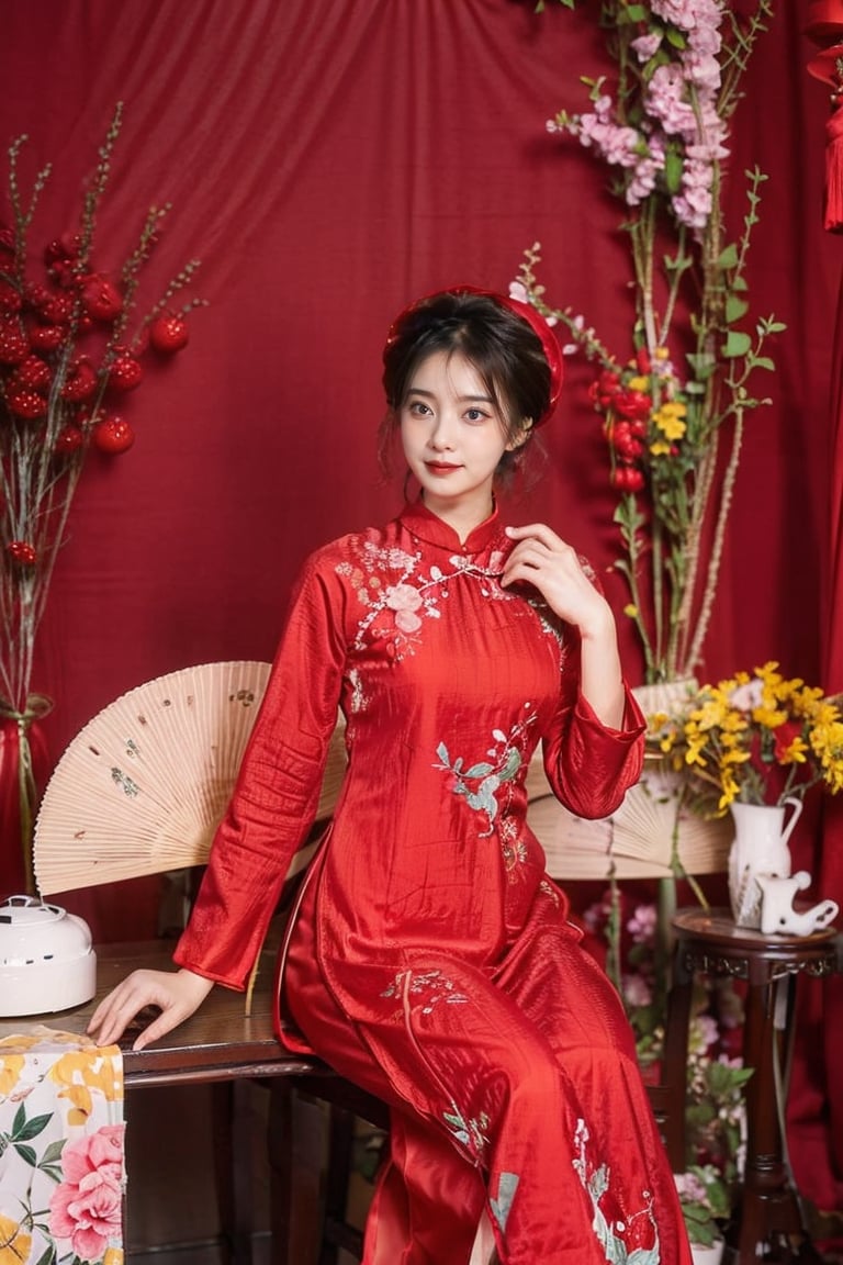 1girl, solo, short hair, black hair, sitting, indoors, chair, floral print, table, plant, hand fan, red aodai,aodaicuoi