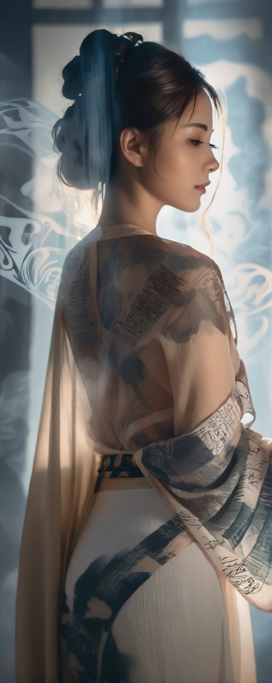 Double Exposure Style, Volumetric Lighting, a girl with Wrap top,arching her back,Traditional Attire,Artistic Calligraphy and Ink,, light depth, dramatic atmospheric lighting, Volumetric Lighting, double image ghost effect, image combination, double exposure style