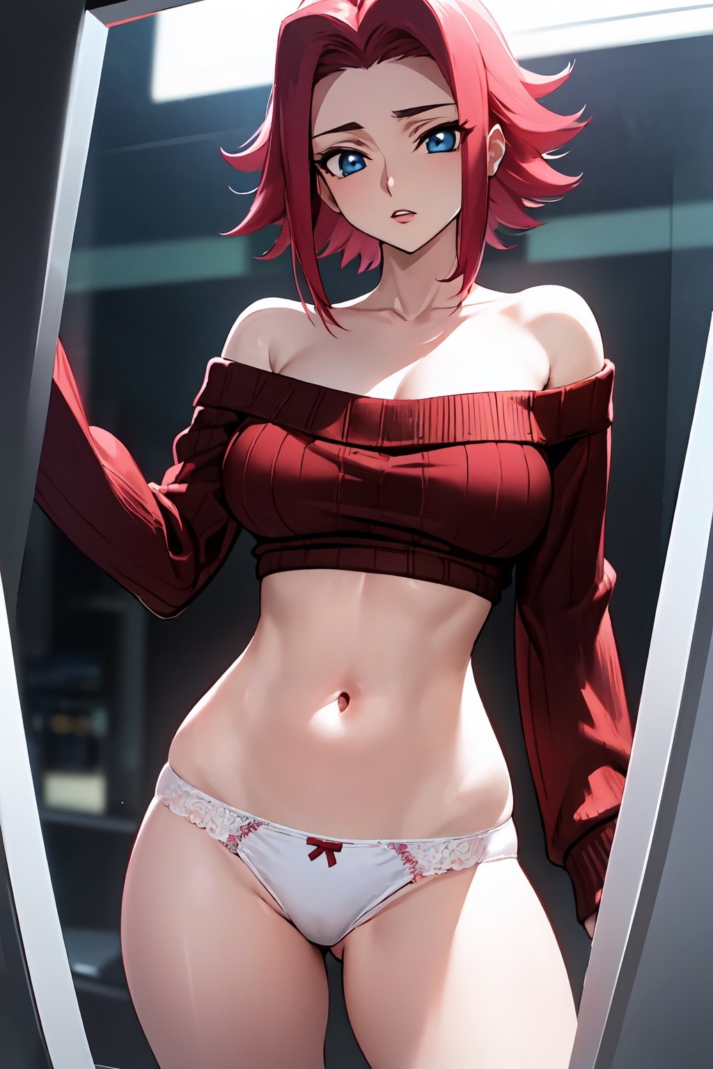 masterpiece, best quality, highly detailed, highres, hdr,kallen stadtfeld,against glass,code geass,blue eyes, hair intakes, large breasts, red hair, short hair,spiked hair,mksks style,(very loose sweater)+ knit+ (white panties)++ (off-the-shoulder top)