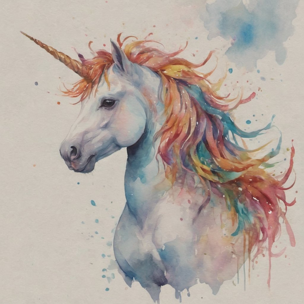 simple water color paintng, vector art, flat, lazy mad unicorn funny