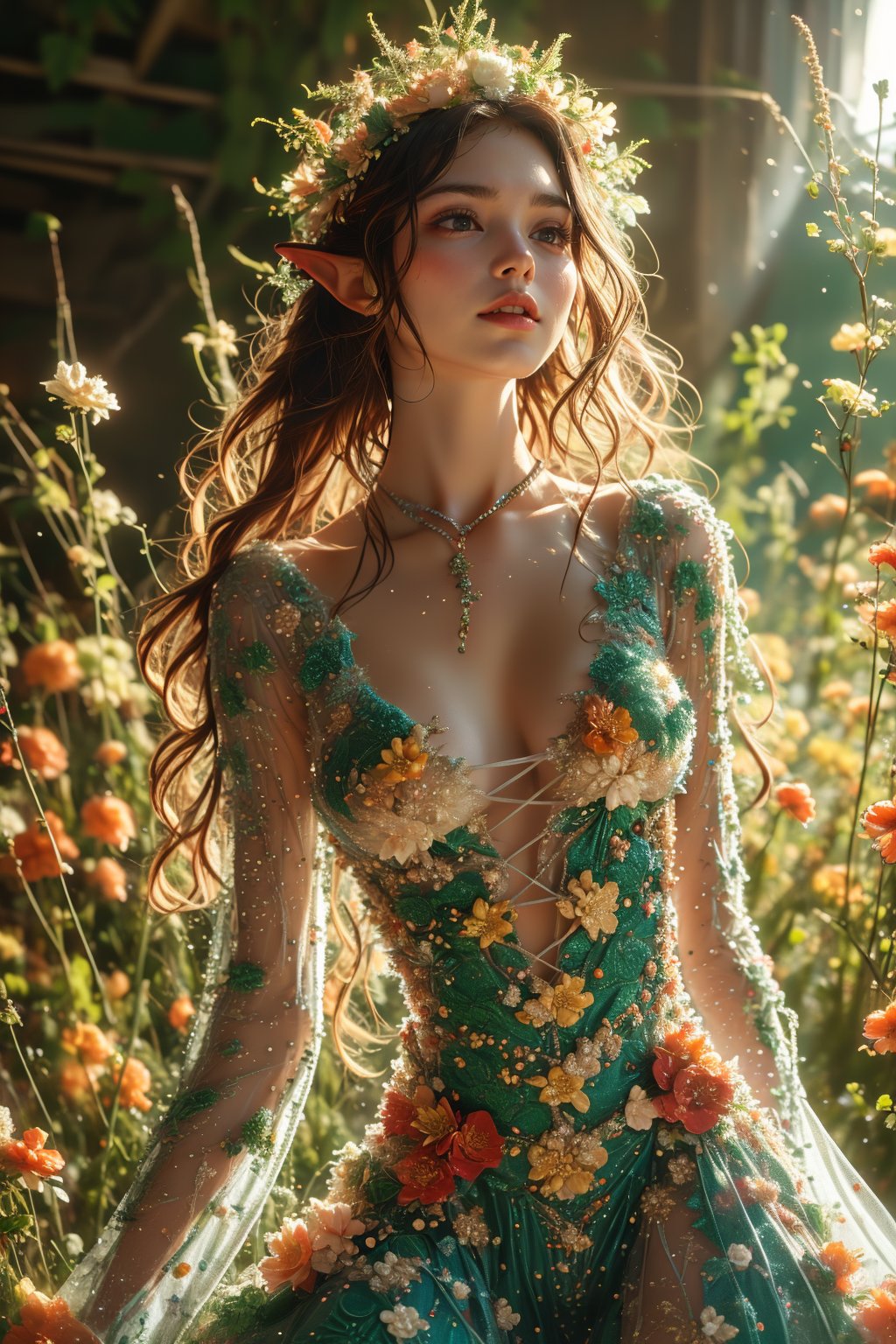 In a dappled, ancient forest ruin, an Elf Princess stands tall, her staff raised high as beams of warm sunlight filter through the trees, casting a golden halo around her regal figure. Her revealing, enchanted clothing shimmers in the soft light, while lush foliage and vines surround her, creating a lush environment. The camera captures a sharp focus on the princess's face, with the rule of thirds composition placing her at the intersection of two diagonals. Shot during the golden hour, the scene exudes an ethereal mood, inviting the viewer to step into this mystical realm., ,fantasy,better_hands,leonardo,angelawhite,Enhance