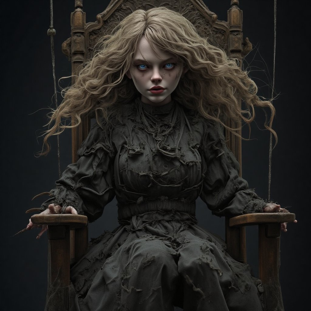 long blond hair, singer taylor swift, looking at viewer, haunted doll sit pose on old electric chair, with cobwebs