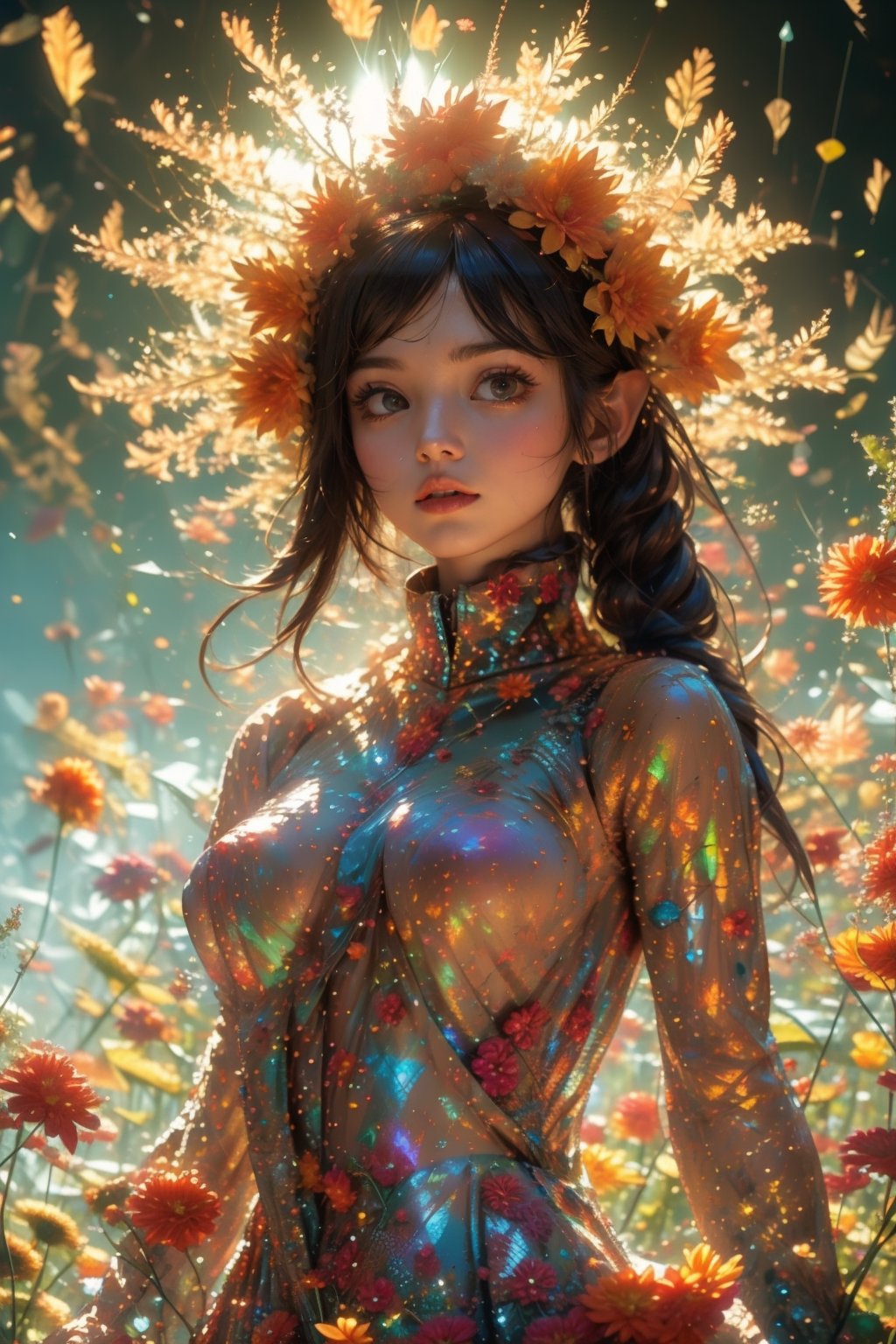 In a dappled, ancient forest ruin, an Elf Princess stands tall, her staff raised high as beams of warm sunlight filter through the trees, casting a golden halo around her regal figure. Her revealing, enchanted clothing shimmers in the soft light, while lush foliage and vines surround her, creating a lush environment. The camera captures a sharp focus on the princess's face, with the rule of thirds composition placing her at the intersection of two diagonals. Shot during the golden hour, the scene exudes an ethereal mood, inviting the viewer to step into this mystical realm., ,fantasy,better_hands,leonardo,angelawhite,Enhance