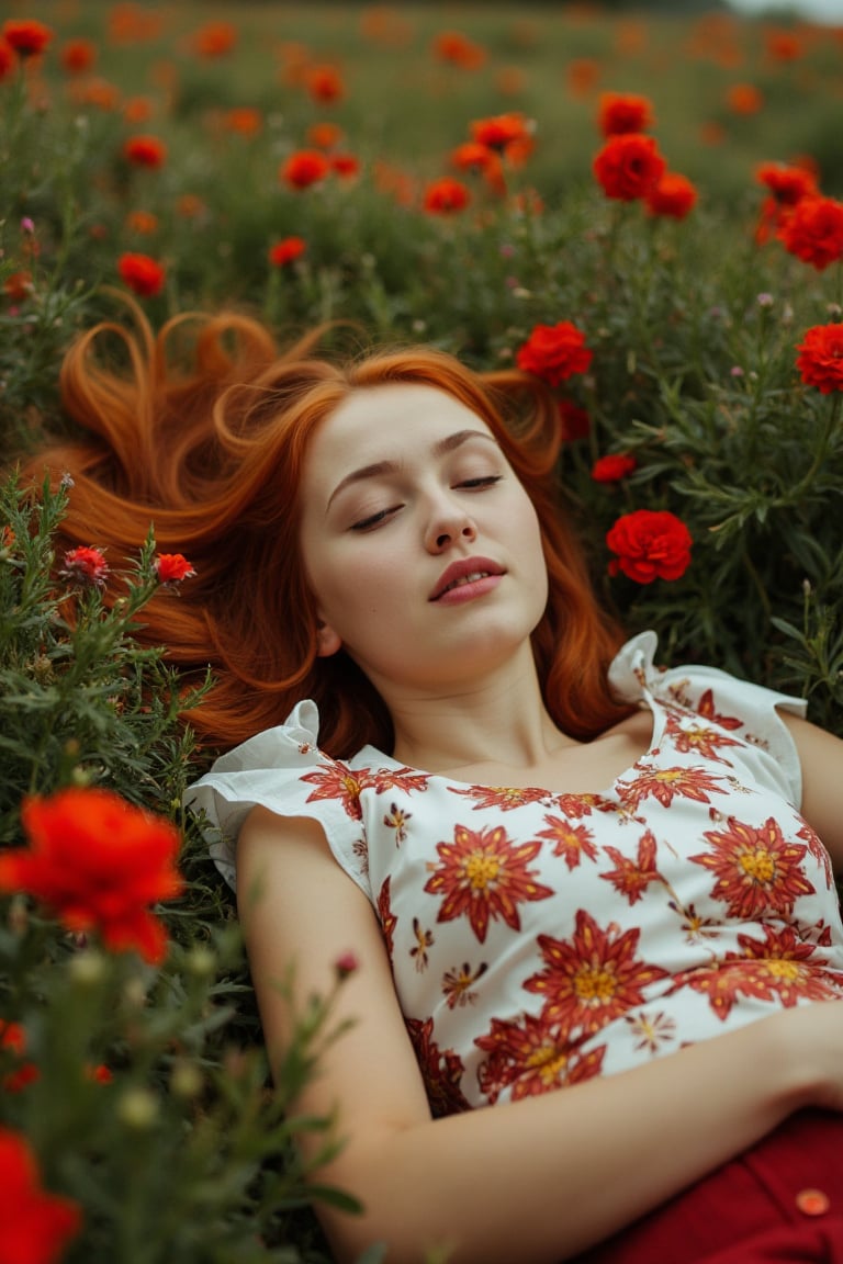 photo, a young woman with red hair laying inside a flower field 