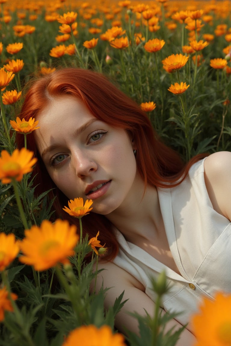 photo, a young woman with red hair laying inside a flower field 