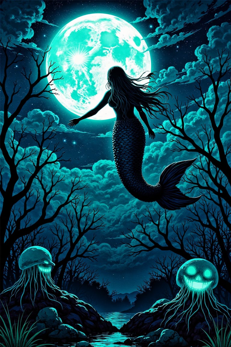 A mystical underwater scene: a full-moonlit mermaid glides effortlessly through the ocean's dark blue waters, her shimmering scales catching the silvery light. Her long, flowing locks flow behind her like seaweed, as she poses with one hand on a submerged rock and the other holding a glowing jellyfish, illuminating her ethereal features against the moon's gentle glow.,illustration night halloween theme