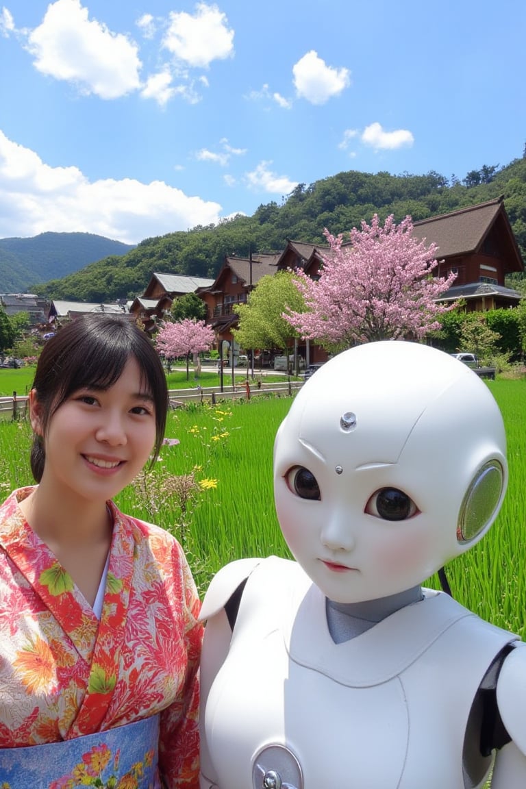 A young Japanese woman in a colorful kimono is taking a selfie with a sleek humanoid robot beside her. They stand in front of a picturesque traditional village, featuring wooden houses with thatched roofs, surrounded by blooming cherry blossoms and lush green rice fields. The robot, with glowing accents, leans in slightly to fit in the frame, while the woman’s bright and joyful smile captures the moment. The sky is clear with a few fluffy clouds, enhancing the serene and cultural atmosphere of the scene as they pose together.