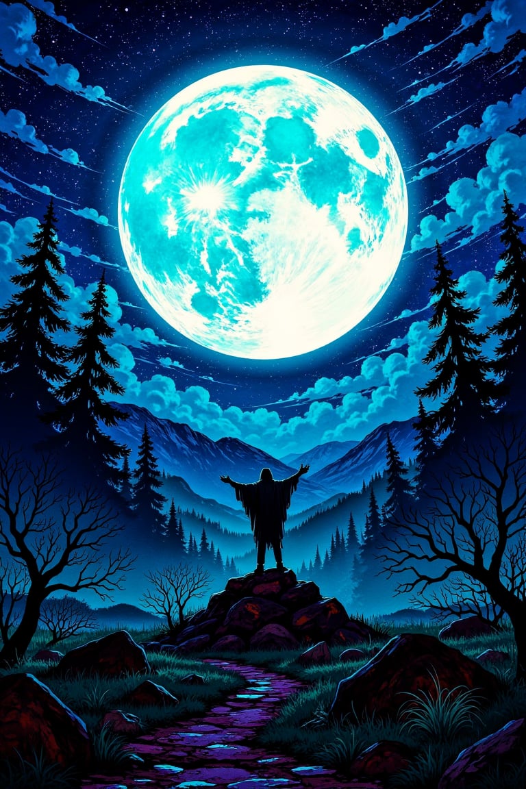 A serene landscape at dusk, under a radiant full moon casting an ethereal glow on the rolling hills and towering trees. The silver light illuminates a lone figure standing atop a rocky outcropping, arms outstretched in reverent surrender to the celestial display, as if embracing the infinite universe.,illustration night halloween theme