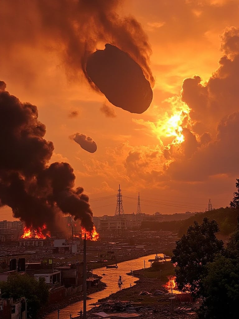 "A chaotic, apocalyptic scene of Armageddon, with massive meteors crashing into a burning city. The sky is filled with fiery orange and red hues, as enormous fireballs descend from the heavens, leaving trails of smoke and destruction in their wake. The city below is in ruins, with buildings crumbling and engulfed in flames, while thick, black smoke rises, choking the skyline. Explosions echo through the atmosphere, and the streets are littered with debris, shattered glass, and the remnants of what was once civilization. The ground trembles with the force of each meteor impact, and the air is thick with ash, adding to the overwhelming sense of chaos and devastation. Flames leap from destroyed structures, casting an eerie glow over the landscape as the world falls into ruin."