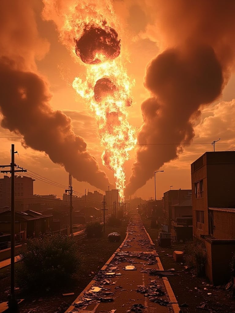 "A chaotic, apocalyptic scene of Armageddon, with massive meteors crashing into a burning city. The sky is filled with fiery orange and red hues, as enormous fireballs descend from the heavens, leaving trails of smoke and destruction in their wake. The city below is in ruins, with buildings crumbling and engulfed in flames, while thick, black smoke rises, choking the skyline. Explosions echo through the atmosphere, and the streets are littered with debris, shattered glass, and the remnants of what was once civilization. The ground trembles with the force of each meteor impact, and the air is thick with ash, adding to the overwhelming sense of chaos and devastation. Flames leap from destroyed structures, casting an eerie glow over the landscape as the world falls into ruin."