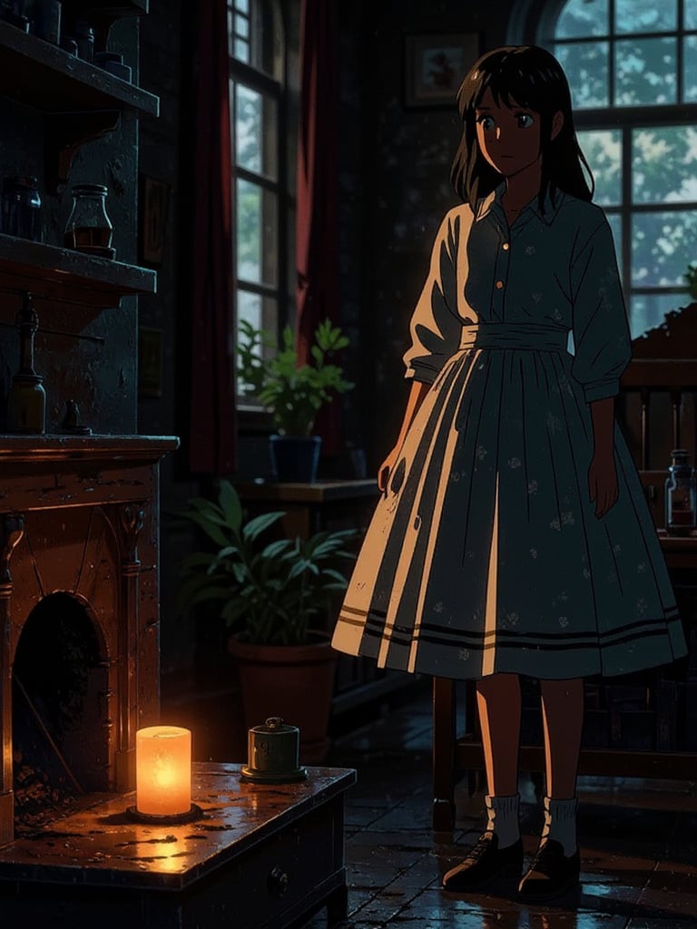 Shot of a dimly lit, old-fashioned room with worn wooden furniture and faded curtains. A large, antique porcelain doll sits on a dusty shelf, illuminated by a soft, warm glow from a nearby candle. The flame casts a gentle shadow on the doll's porcelain face, creating an eerie yet inviting atmosphere.