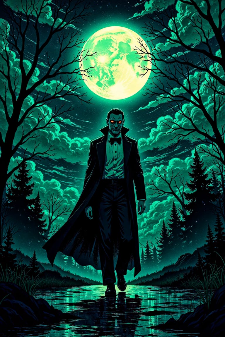 A hauntingly beautiful prompt! Here's a description of the image:

A midnight landscape unfolds as a suave vampire, adorned in a black tuxedo, emerges from the shadows. His piercing gaze is illuminated by the soft glow of the moon, highlighting his razor-sharp fangs. The camera captures him mid-stride, frozen in time, as he navigates the desolate streets with calculated ease.,illustration night halloween theme