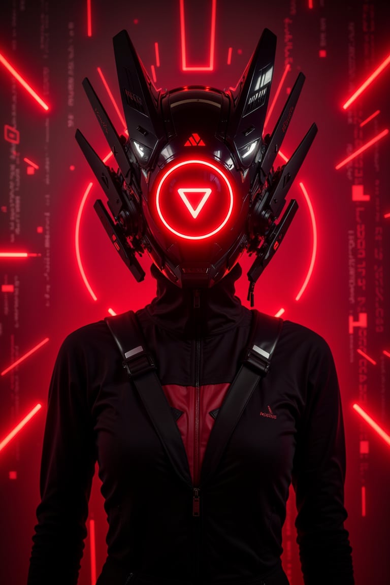 A realistic cosplay helmet with a sharp, angular design, featuring a glossy red and matte black color scheme. The helmet has a glowing red LED ring at its center with a triangular symbol inside, surrounded by additional white and crimson lights. The side components of the helmet resemble advanced sensory equipment with sharp edges. The figure is wearing a sleek, high-tech black bodysuit with red highlights. She is standing in front of a red and black hacker-themed background, filled with flowing code, geometric patterns, and pulsing digital lights. The helmet's lights cast sharp red and white hues, merging with the high-tech atmosphere.