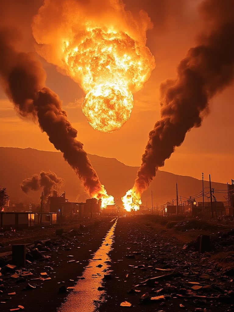 "A chaotic, apocalyptic scene of Armageddon, with massive meteors crashing into a burning city. The sky is filled with fiery orange and red hues, as enormous fireballs descend from the heavens, leaving trails of smoke and destruction in their wake. The city below is in ruins, with buildings crumbling and engulfed in flames, while thick, black smoke rises, choking the skyline. Explosions echo through the atmosphere, and the streets are littered with debris, shattered glass, and the remnants of what was once civilization. The ground trembles with the force of each meteor impact, and the air is thick with ash, adding to the overwhelming sense of chaos and devastation. Flames leap from destroyed structures, casting an eerie glow over the landscape as the world falls into ruin."