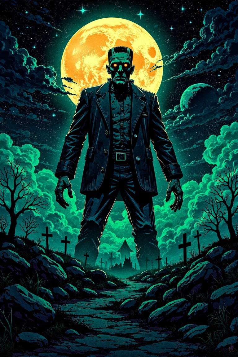 A surreal, dimly lit scene unfolds as a full moon hangs low in the blackness of space. Frankenstein's monster, its stitched-together form eerily illuminated by the lunar glow, stands alone on a desolate asteroid field, its massive frame silhouetted against the starry expanse. The moon's gentle light casts an otherworldly sheen on the creature's features, as if infusing it with an air of melancholic longing.,illustration night halloween theme