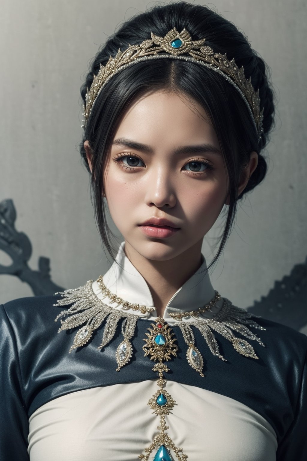 Indonesian noble, woman wearing an Indonesian traditional outfit, in the style of hyperrealistic paintings, 32k uhd, dark white and light white, anime art, elaborate beadwork, exaggerated facial features, mural painting