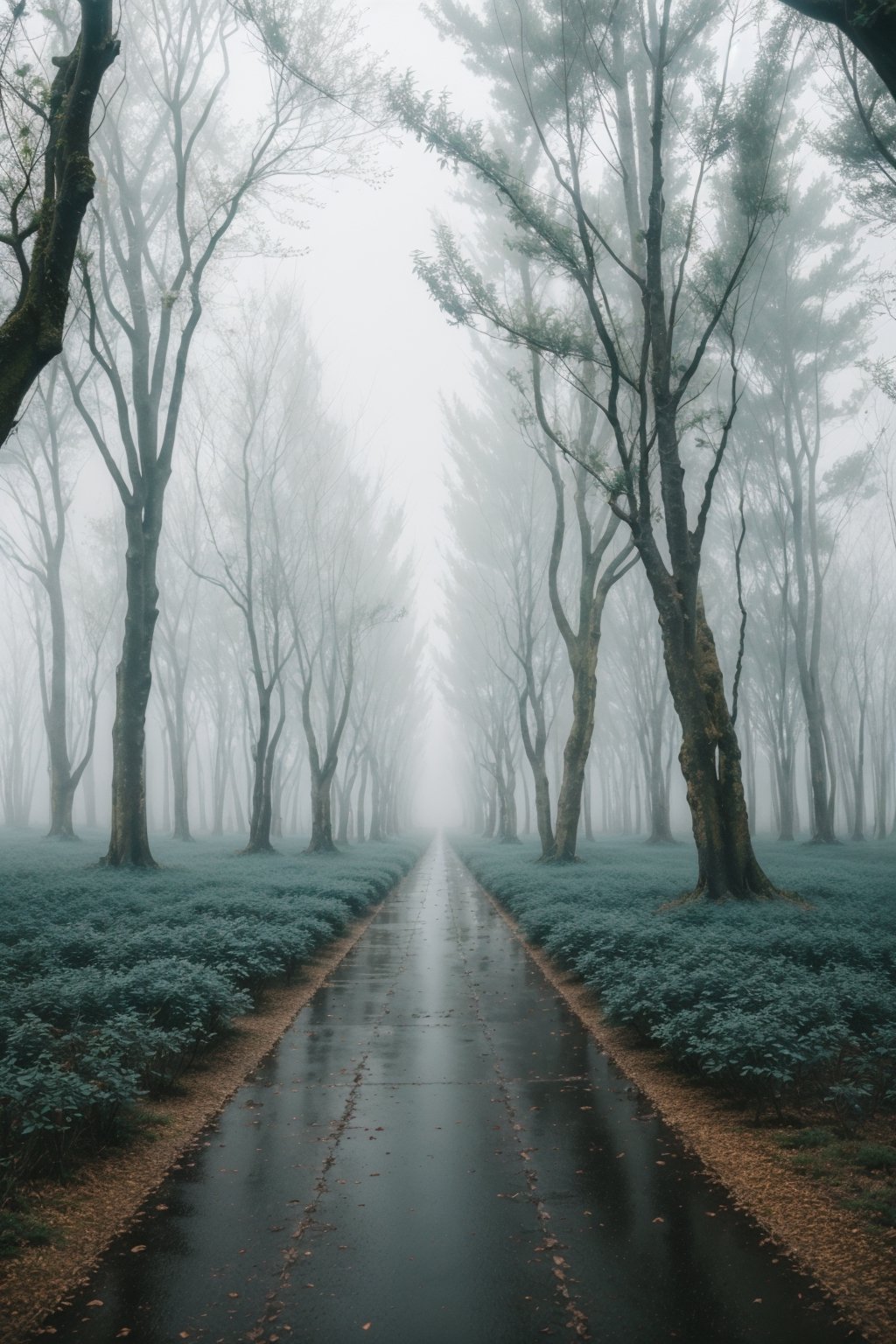 Photo of landscape, plum forest, rainy weather, foggy, misty, dreamy, teal and blue, 8k uhd, high quality, film grain, Fujifilm XT3