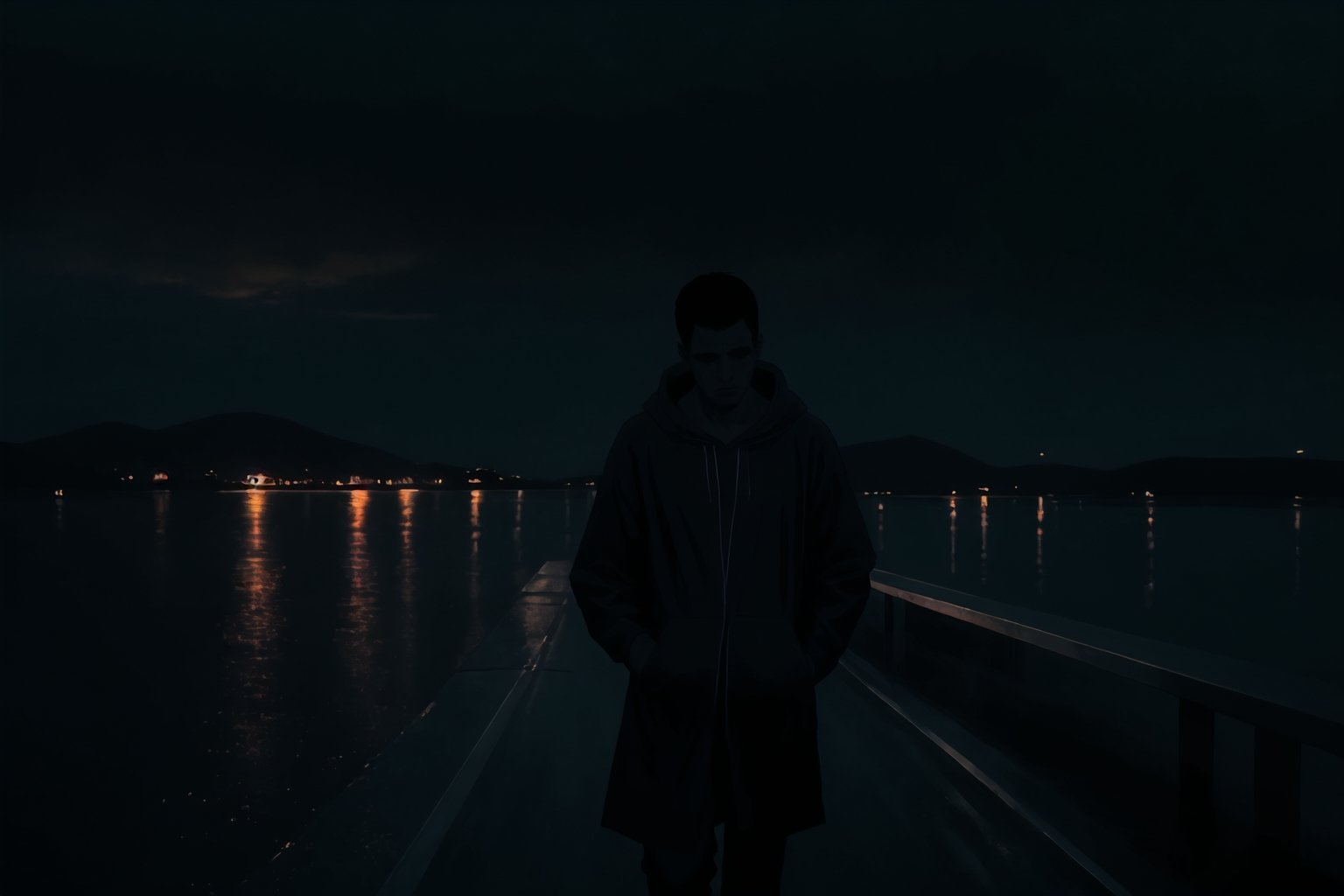 An illustration captures a lone man walking in the rain, his attire comprising a dark hoodie and a slim raincoat. The dark, cloudy sky and surroundings amplify his sense of sorrow. The color scheme is dominated by deep blues and grays, and his facial expressions are marked by a profound sadness. The lighting is subtle yet evocative, creating a melancholic atmosphere. 300 DPI, HD, 8K, Best Perspective, Best Lighting, Best Composition, Good Posture, High Resolution, High Quality, 4K Render, Highly Denoised, Clear distinction between object and body parts, Masterpiece, Beautiful face, 
Beautiful body, smooth skin, glistening skin, highly detailed background, highly detailed clothes, highly detailed face 