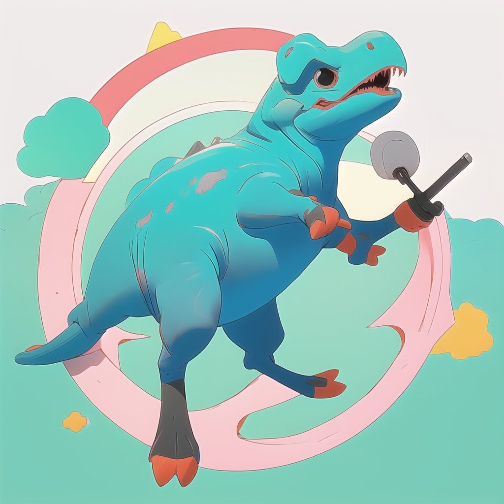 male super cute dinosaur inside a circle background, cute cartoon style, colorful, very clear, very creative, beautiful, 3d childish cute cartoon style:1.3, exceptional cute dinosaur anatomy, weapon, incredibly absurdres, break, (ultra quality, high quality, best quality, exceptional quality, new, newest, best aesthetic, original, outstanding, exceptional), epic cute, cute details, intricate cute detailed texture materials, 