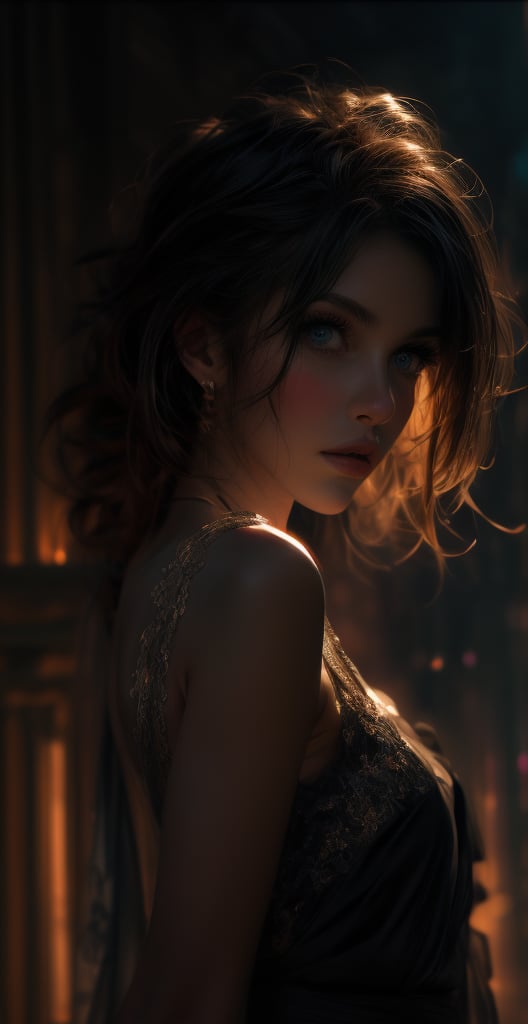 "Misterious beauty" (Misterious mood Soft Lighting art), painting art, breathtaking beautiful woman's upper body, sensual, seductive, slender, scarf, masterpiece, best quality, highres, breathtaking , low-key, dim light 
