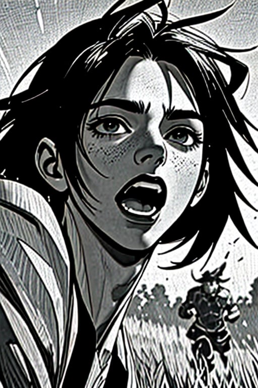 a drawing of a man with a long hair running through a field of grass with a demon like creature in the background, Baiōken Eishun, rob rey and kentaro miura style, a manga drawing, rayonism,1boy, aura, emphasis lines, greyscale, male focus, monochrome, motion lines, open mouth, solo, teeth, veins,High-res, impeccable composition, lifelike details, perfect proportions, stunning colors, captivating lighting, interesting subjects, creative angle, attractive background, well-timed moment, intentional focus, balanced editing, harmonious colors, contemporary aesthetics, handcrafted with precision, vivid emotions, joyful impact, exceptional quality, powerful message, in Raphael style, unreal engine 5,octane render,isometric,beautiful detailed eyes,super detailed face and eyes and clothes,More Detail,anarchy stocking,manga,monochrome,<lora:659111690174031528:1.0>,<lora:659111690174031528:1.0>