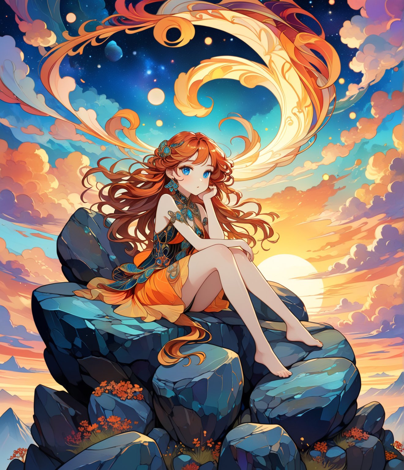 Masterpiece, 4K, ultra detailed, ((solo)), chibi anime style, heavenly beautiful and sexy mature woman with long amber hair sitting in mountain top, beautiful blue eyes and obsidian earrings, large rocky boulders, neon color sunset and swirling clouds, windy, more detail XL, SFW, (Art Nouveau style),