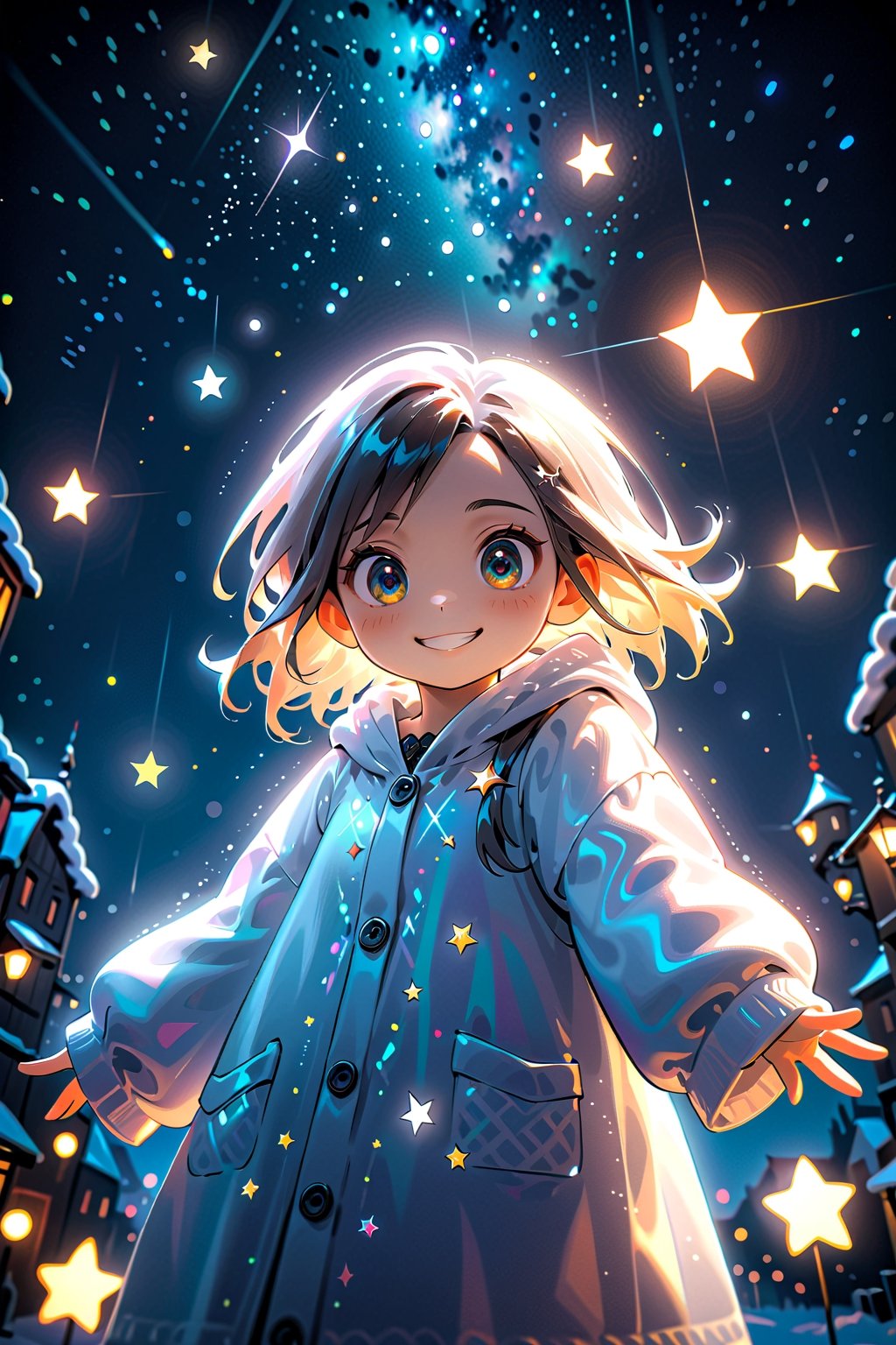 best quality, masterpiece, beautiful and aesthetic, vibrant color, Exquisite details and textures,  Warm tone, ultra realistic illustration,	(cute Nordic girl, 7year old:1.5), (Starlight theme:1.4),	cute eyes, big eyes,	(a beautiful smile:1.5),	16K, (HDR:1.4), high contrast, bokeh:1.2, lens flare,	siena natural ratio, children's body, anime style, 	low angle view,	long length layered bob cut,	wearing white over velvet coat,	ultra hd, realistic, vivid colors, highly detailed, UHD drawing, perfect composition, beautiful detailed intricate insanely detailed octane render trending on artstation, 8k artistic photography, photorealistic concept art, soft natural volumetric cinematic perfect light. 